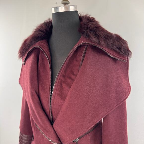 BCBG Max Azria Burgundy Kayla Jacket Fur Leather Asymmetrical Zip Size S Small - Picture 4 of 11